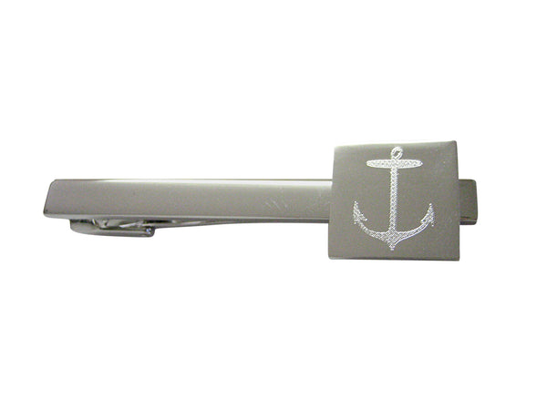 Silver Toned Etched Skinny Nautical Anchor Square Tie Clip