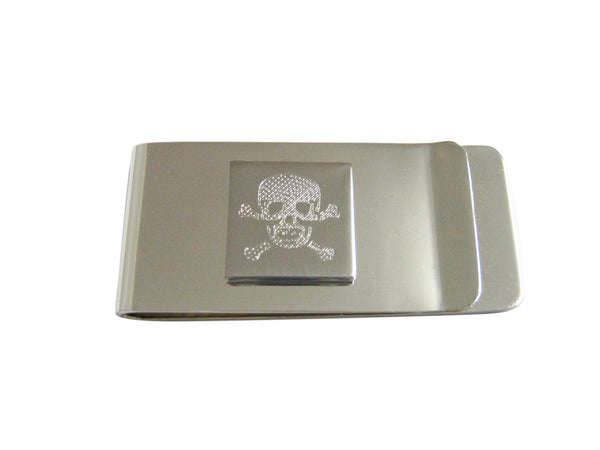 Silver Toned Etched Skull and Crossbones Money Clip