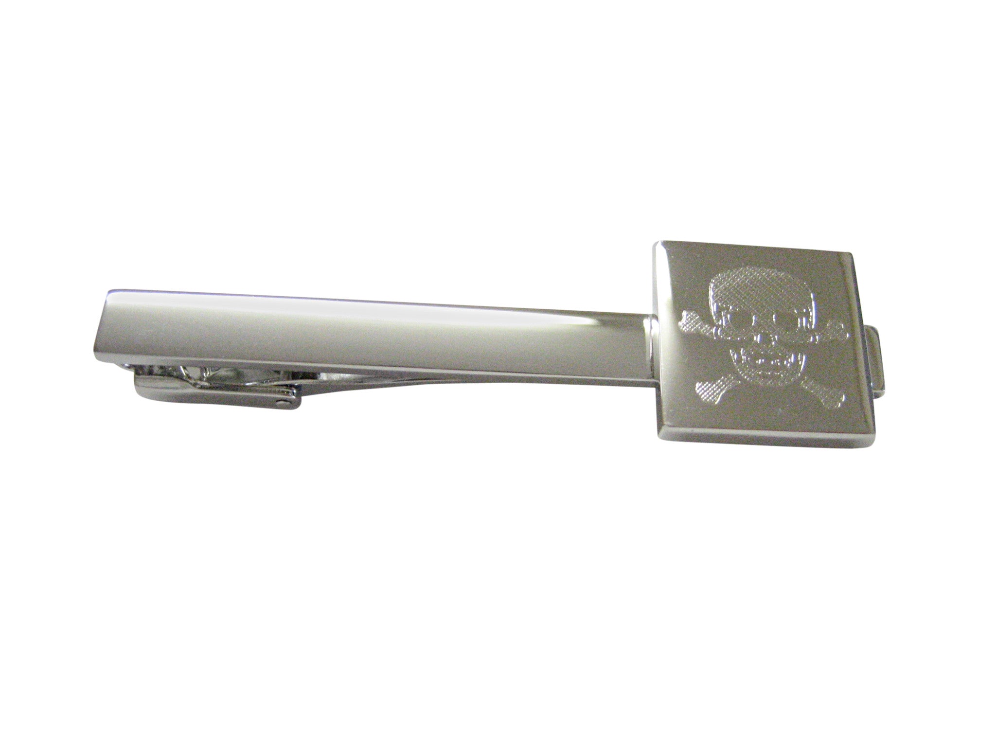 Silver Toned Etched Skull and Crossbones Square Tie Clip