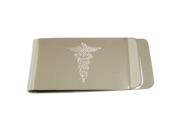 Silver Toned Etched Sleek Caduceus Medical Symbol Money Clip