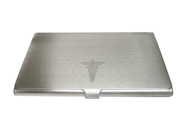 Silver Toned Etched Small Caduceus Medical Symbol Business Card Holder
