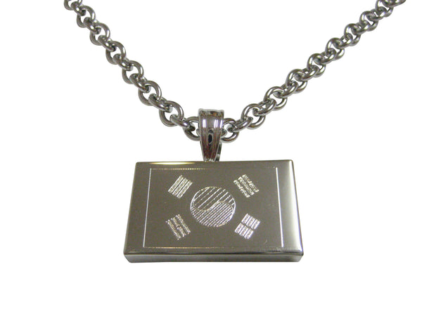 Silver Toned Etched South Korea Flag Pendant Necklace