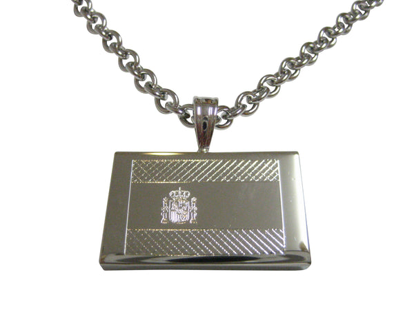Silver Toned Etched Spain Flag Pendant Necklace