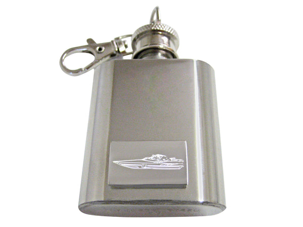 Silver Toned Etched Speed Boat 1 Oz. Stainless Steel Key Chain Flask