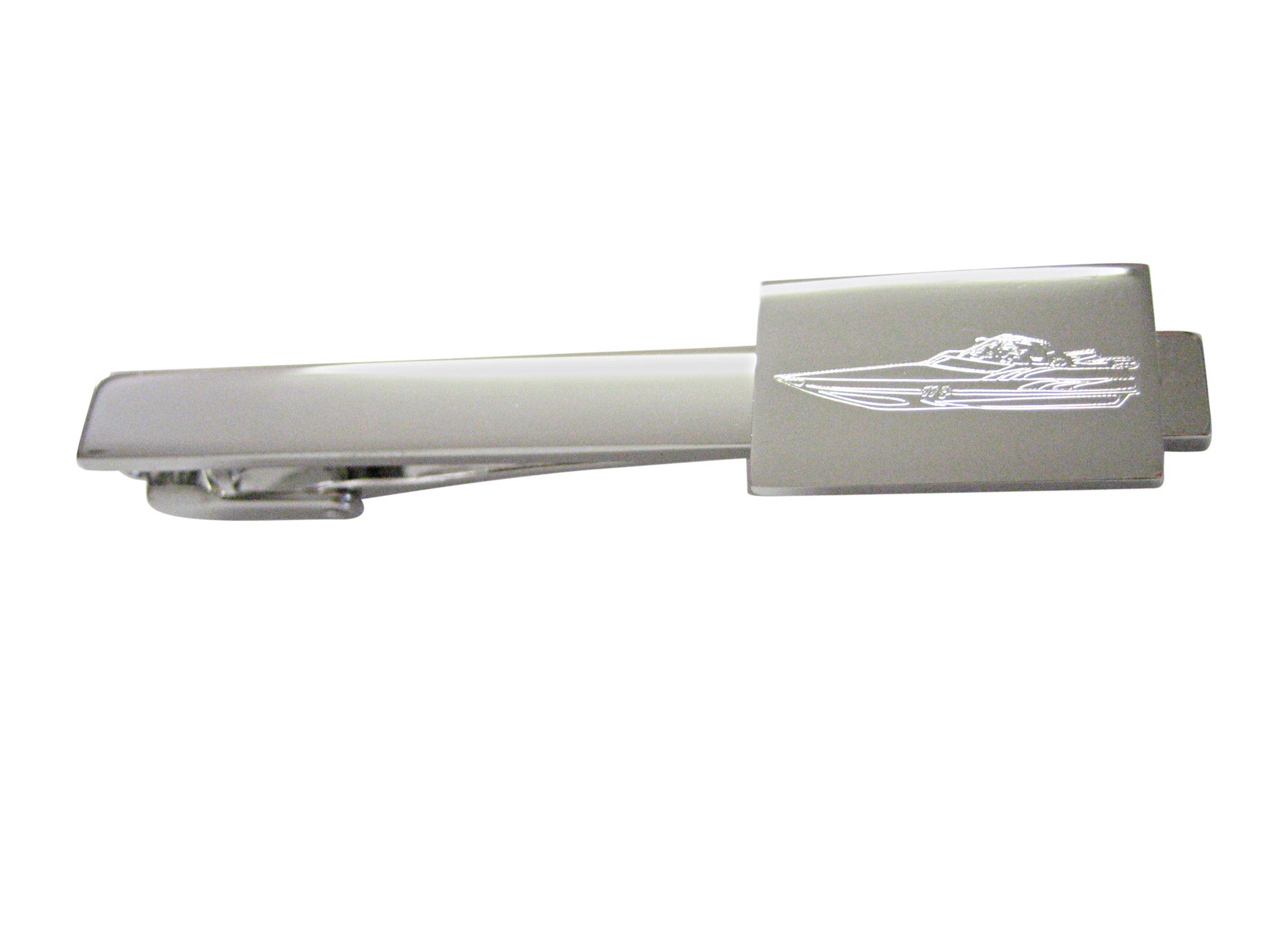 Silver Toned Etched Speed Boat Square Tie Clip