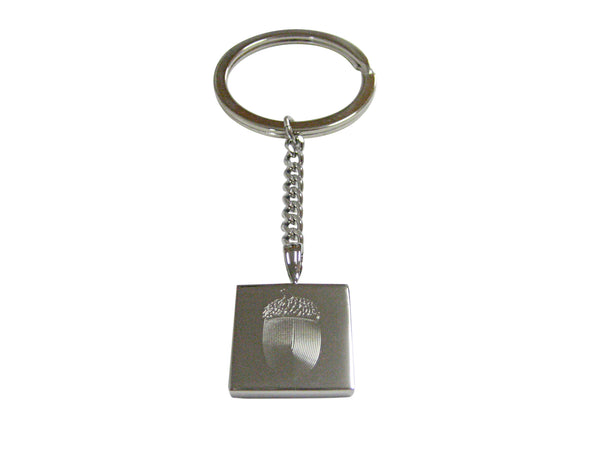 Silver Toned Etched Square Acorn Pendant Keychain