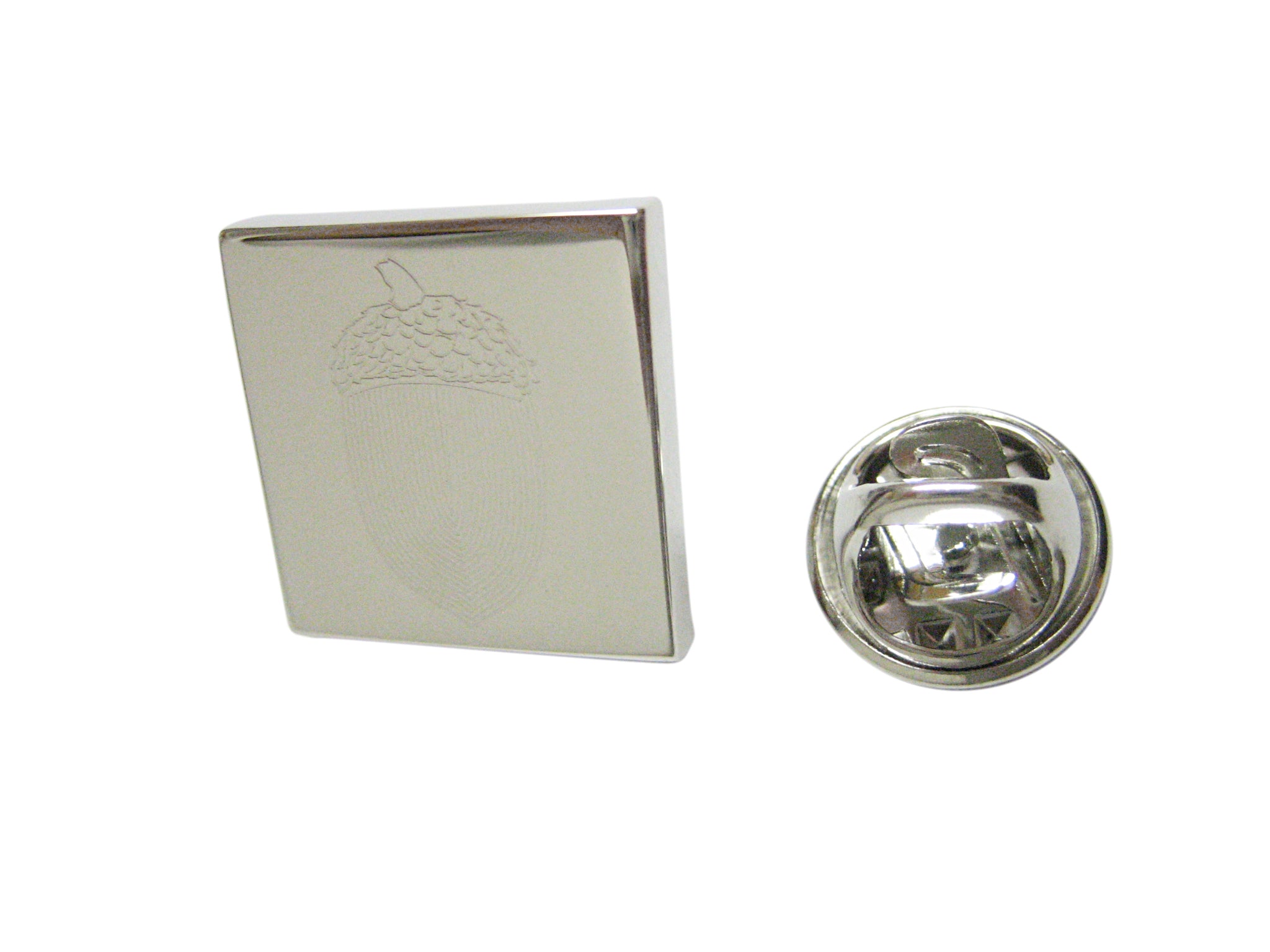 Silver Toned Etched Square Acorn Pendant Lapel Pin