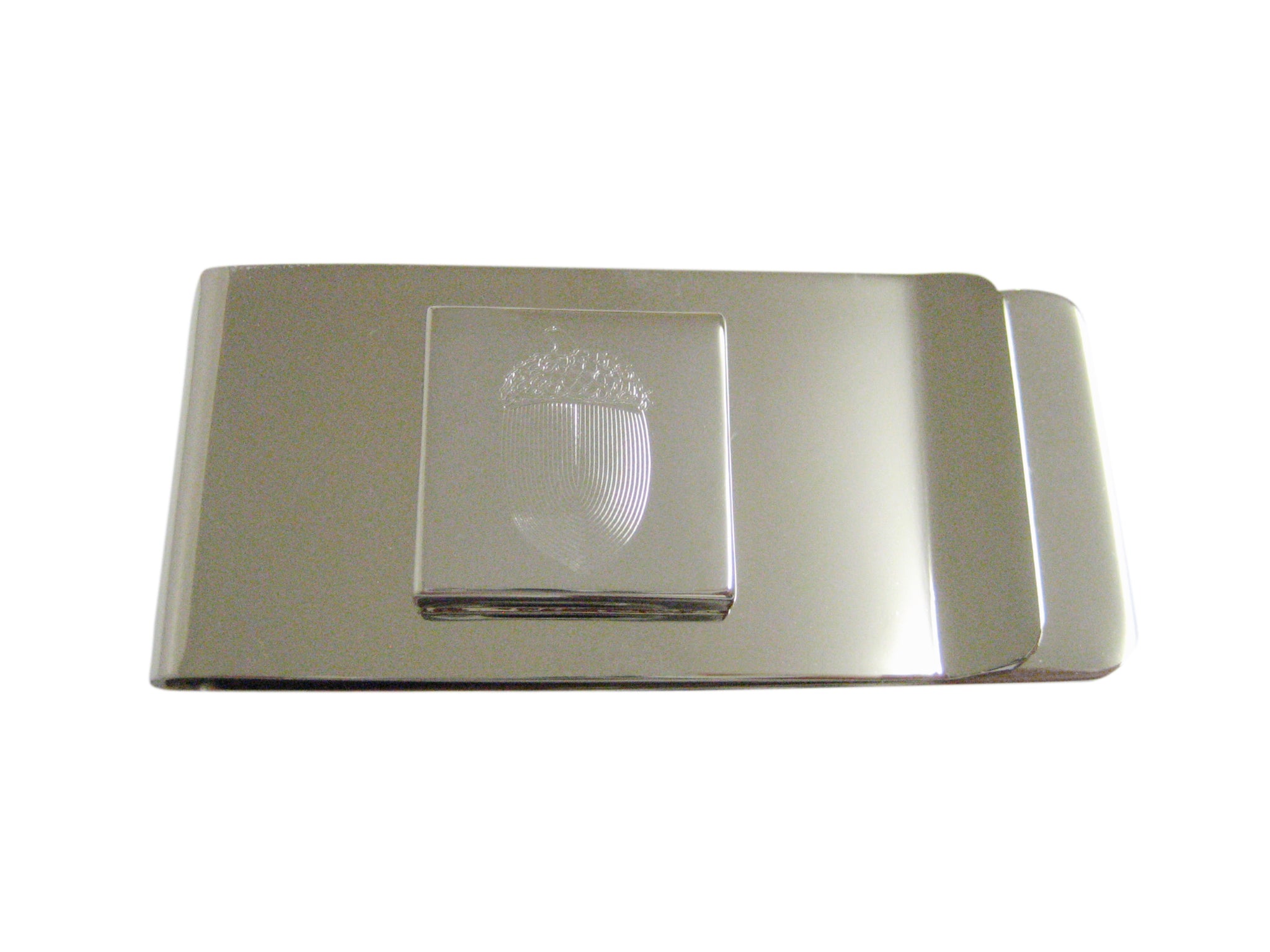 Silver Toned Etched Square Acorn Pendant Money Clip
