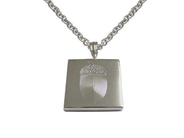 Silver Toned Etched Square Acorn Pendant Necklace