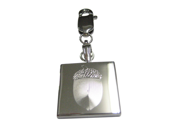 Silver Toned Etched Square Acorn Pendant Zipper Pull Charm