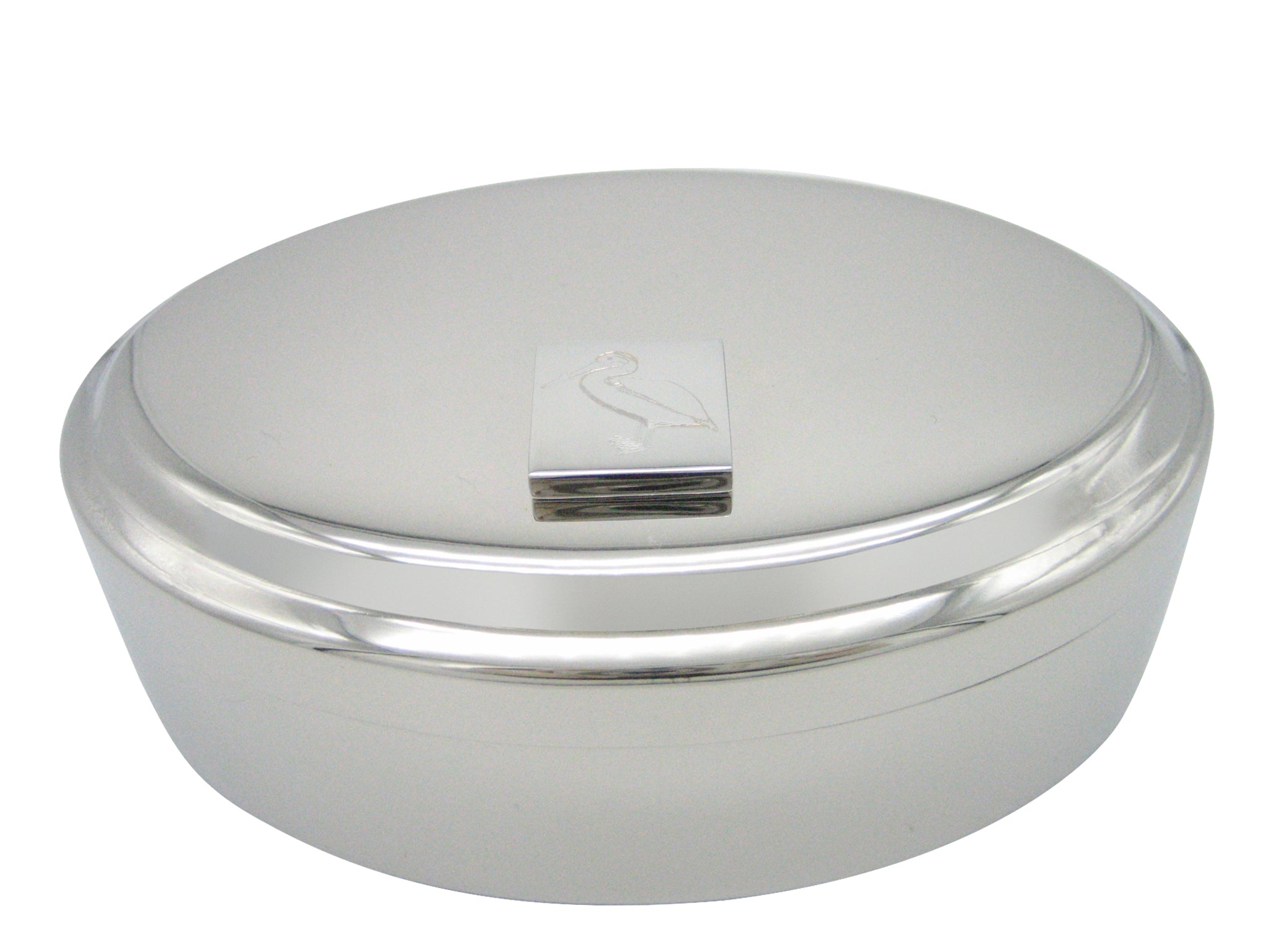 Silver Toned Etched Standing Pelican Bird Pendant Oval Trinket Jewelry Box