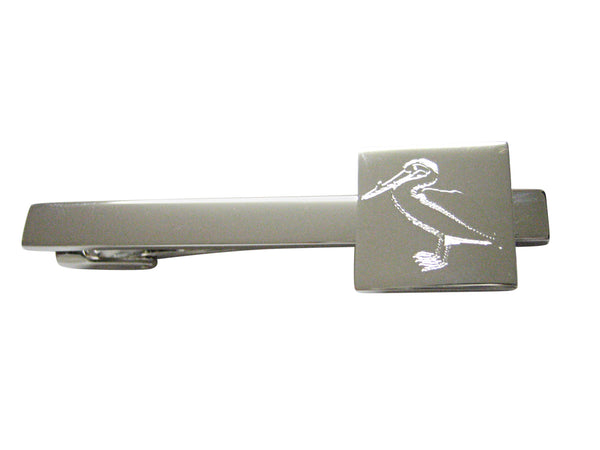 Silver Toned Etched Standing Pelican Bird Square Tie Clip