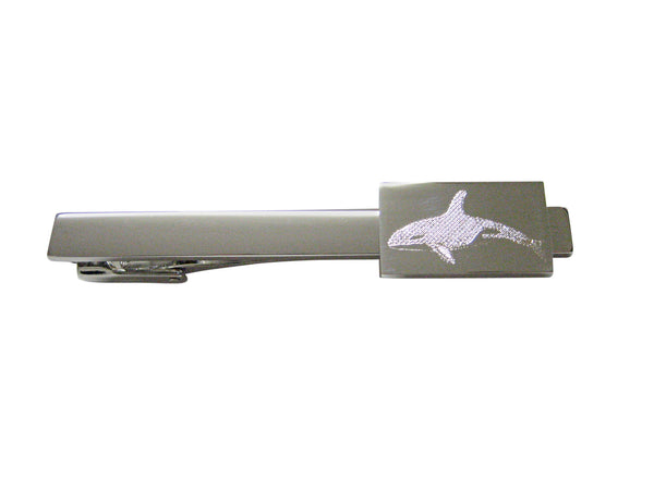Silver Toned Etched Swimming Killer Whale Orca Square Tie Clip