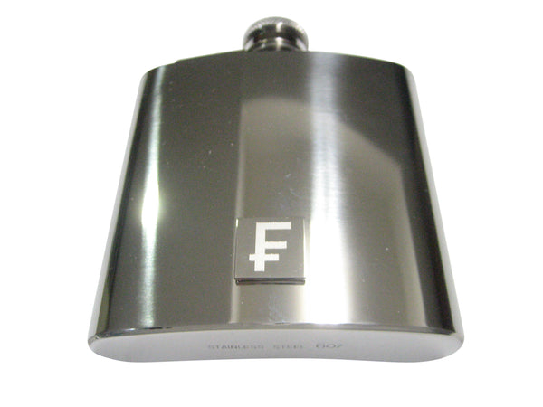 Silver Toned Etched Swiss Franc Currency Sign 6oz Flask