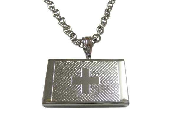Silver Toned Etched Switzerland Flag Pendant Necklace
