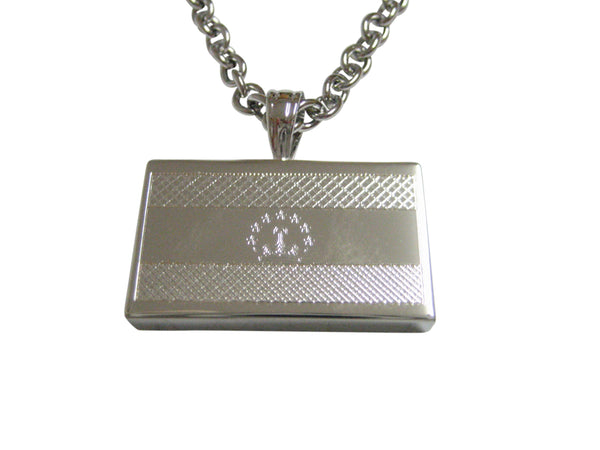 Silver Toned Etched Tajikistan Flag Pendant Necklace