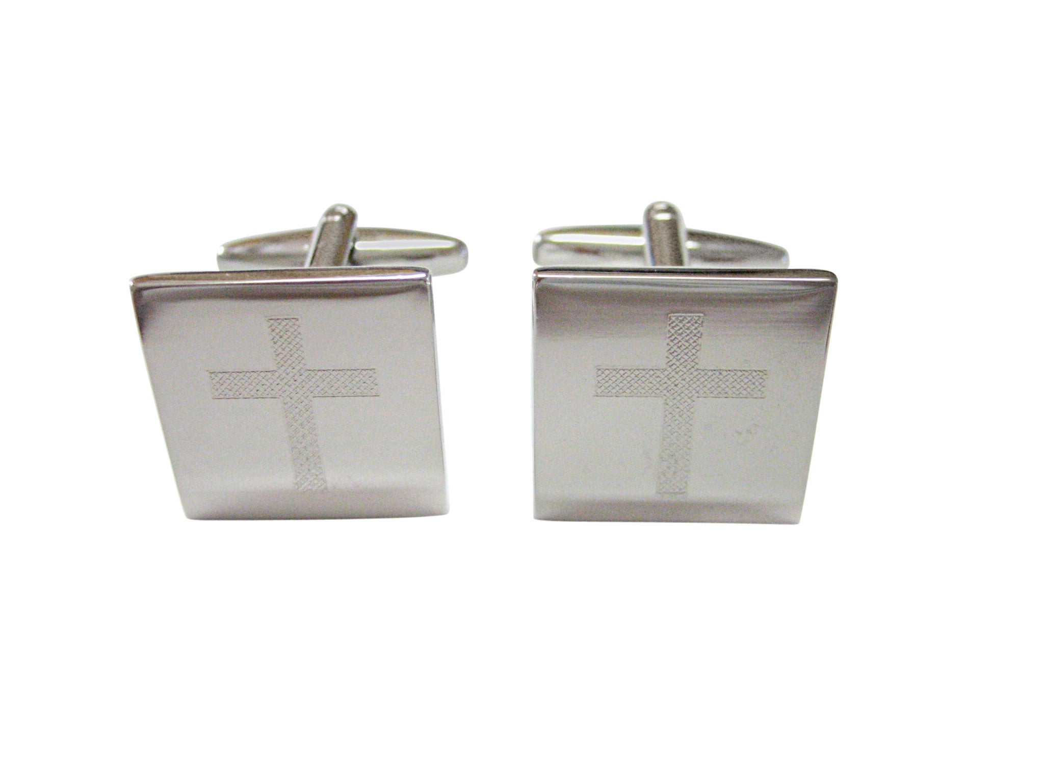 Silver Toned Etched Thick Religious Cross Cufflinks