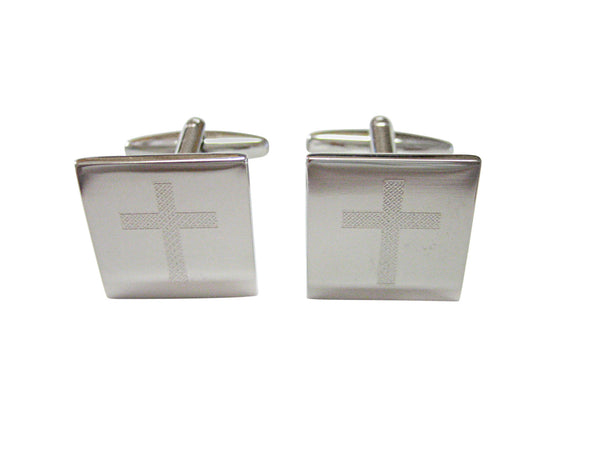 Silver Toned Etched Thick Religious Cross Cufflinks