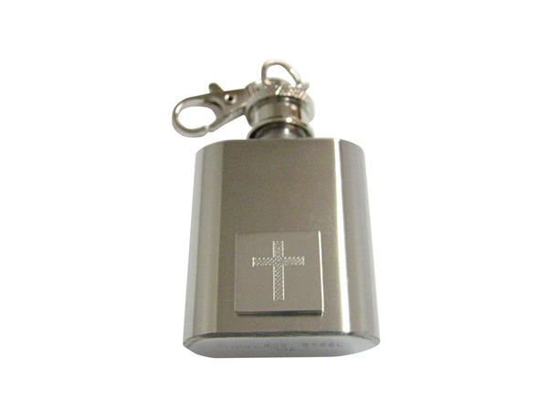 Silver Toned Etched Thick Religious Cross 1 Oz. Stainless Steel Key Chain Flask