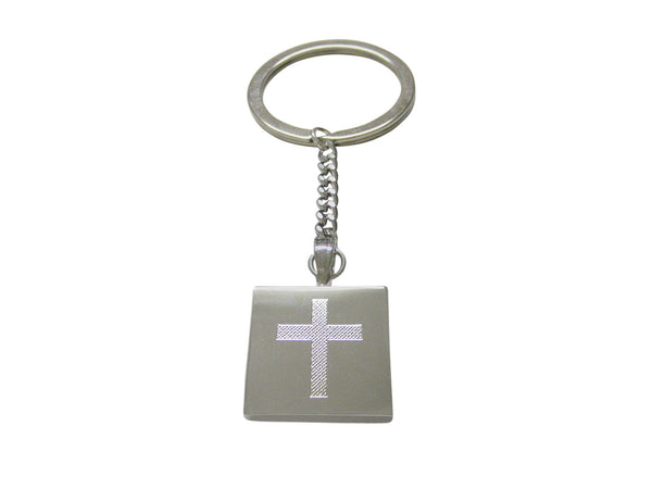 Silver Toned Etched Thick Religious Cross Keychain