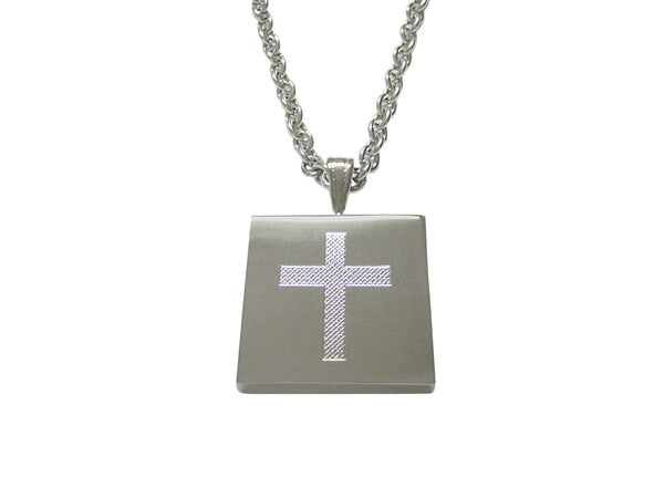Silver Toned Etched Thick Religious Cross Pendant Necklace