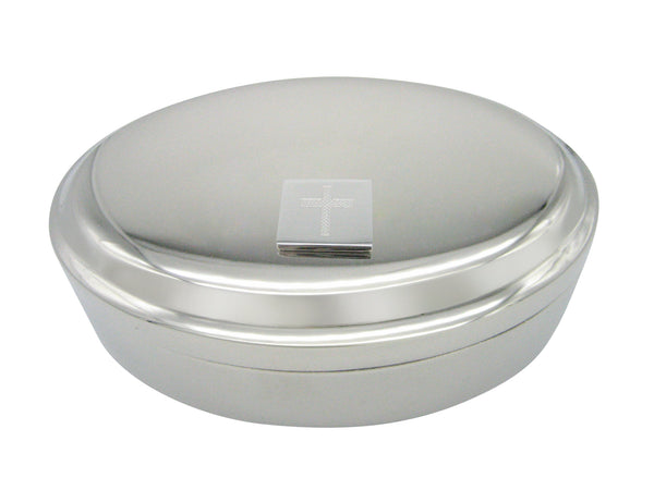 Silver Toned Etched Thick Religious Cross Pendant Oval Trinket Jewelry Box