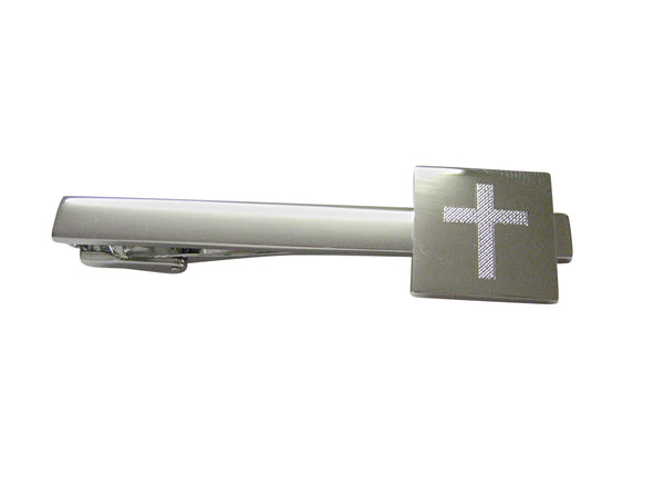 Silver Toned Etched Thick Religious Cross Square Tie Clip