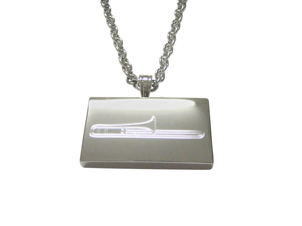 Silver Toned Etched Trombone Music Instrument Pendant Necklace