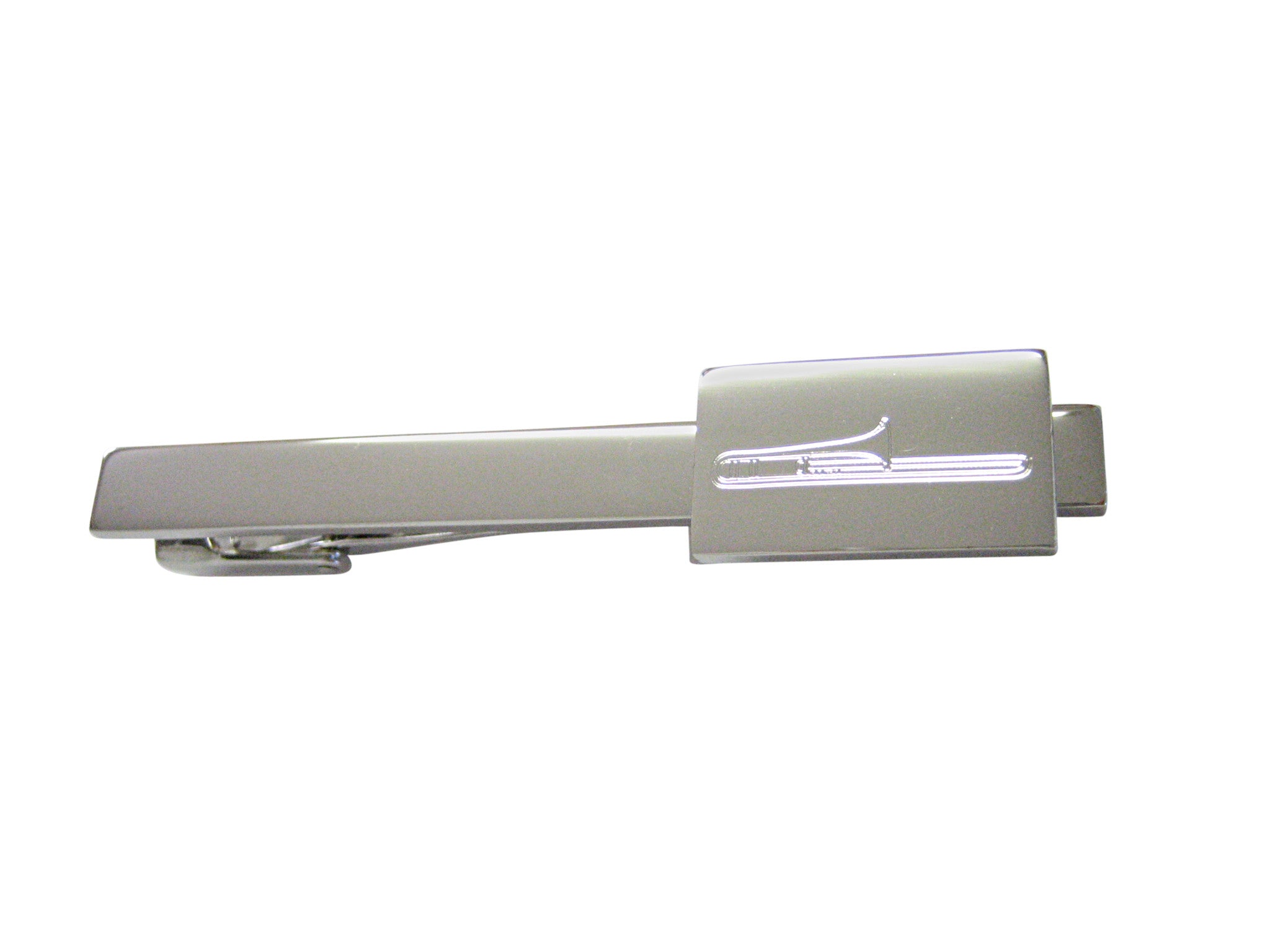 Silver Toned Etched Trombone Music Instrument Square Tie Clip