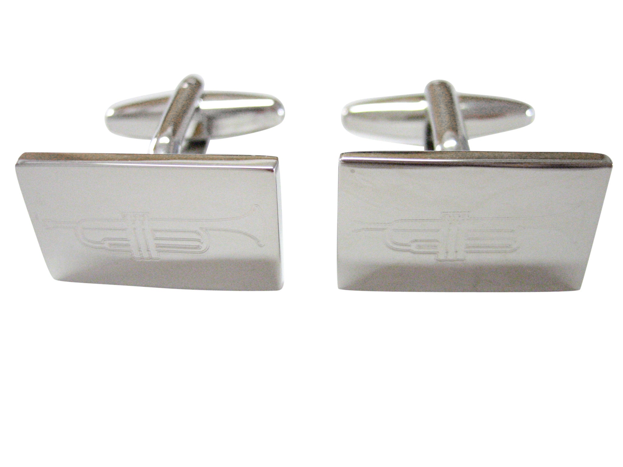 Silver Toned Etched Trumpet Music Instrument Cufflinks