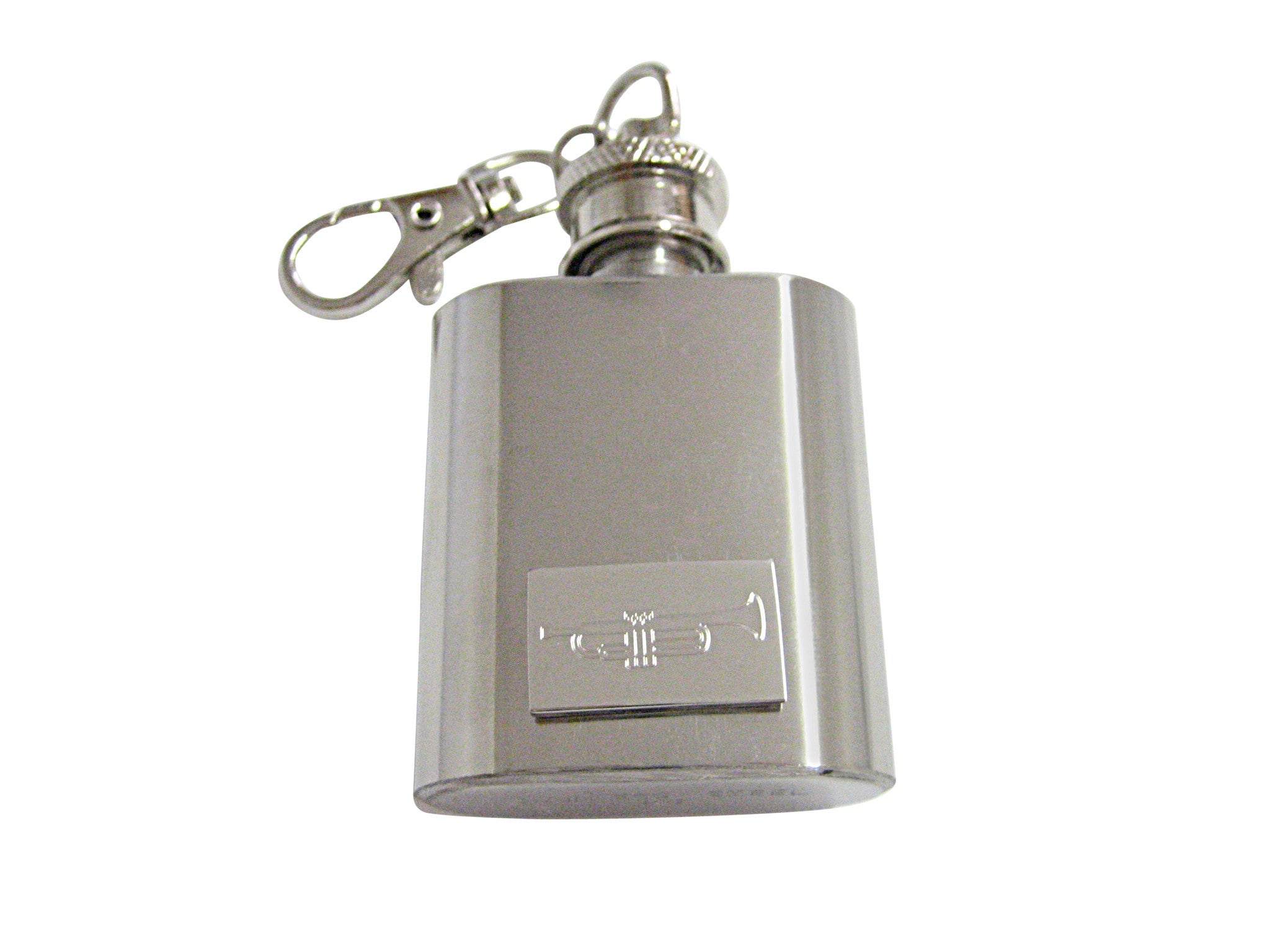 Silver Toned Etched Trumpet Music Instrument 1 Oz. Stainless Steel Key Chain Flask