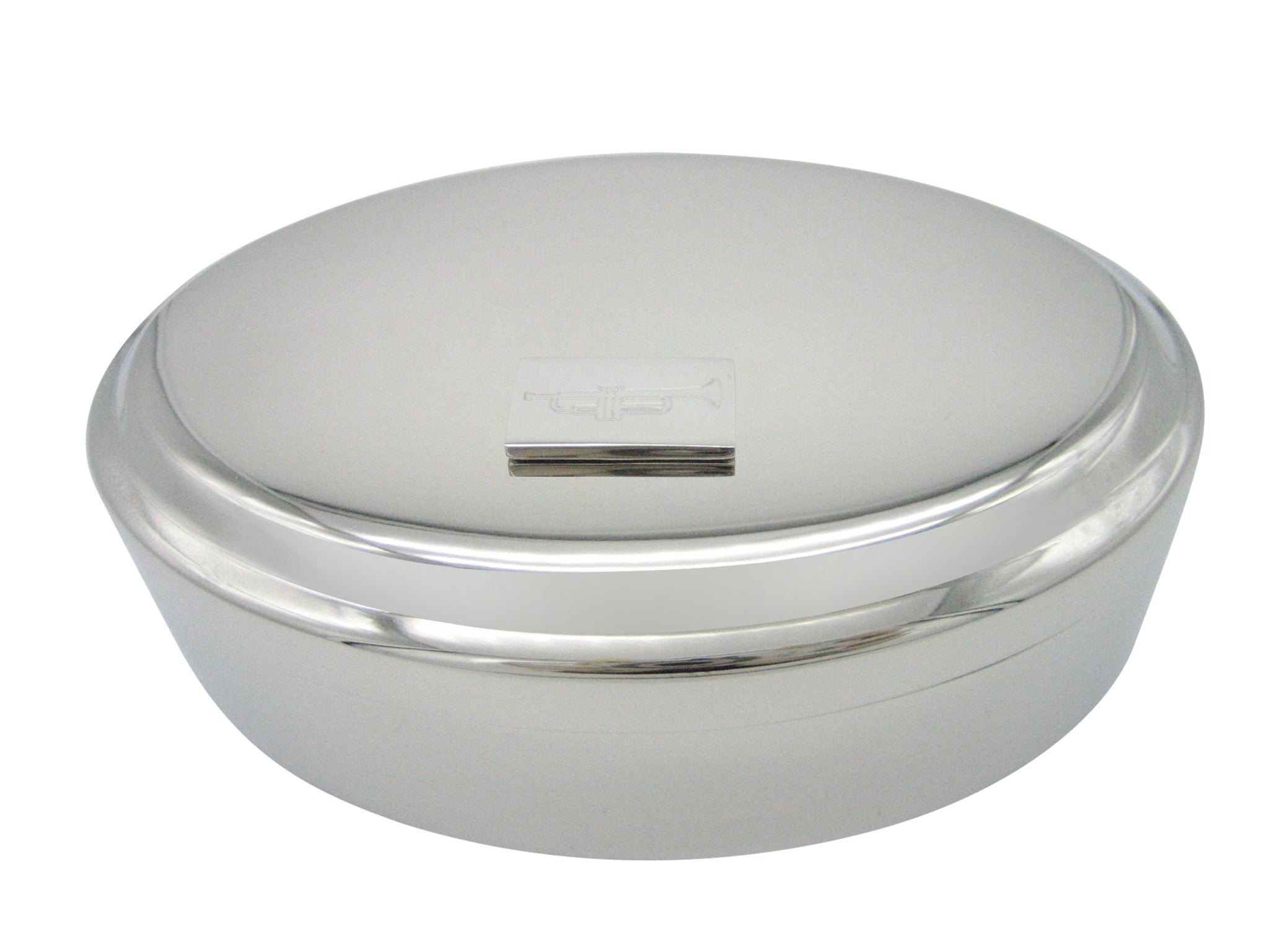 Silver Toned Etched Trumpet Music Instrument Pendant Oval Trinket Jewelry Box