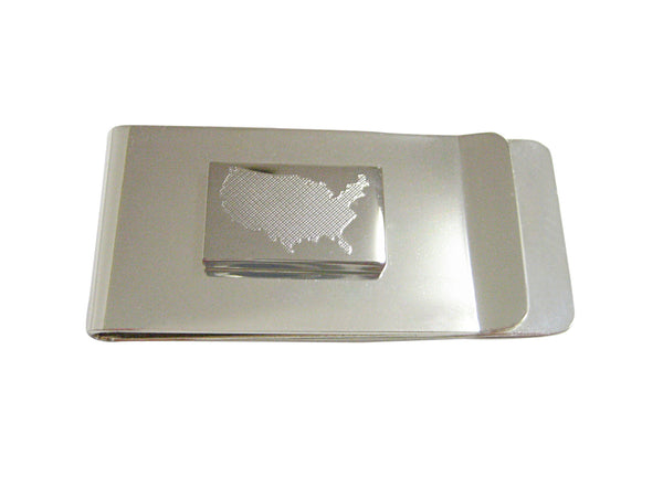 Silver Toned Etched USA America Map Shape Money Clip