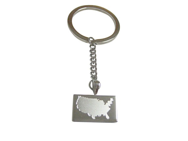 Silver Toned Etched USA America Map Shape Pendant Keychain