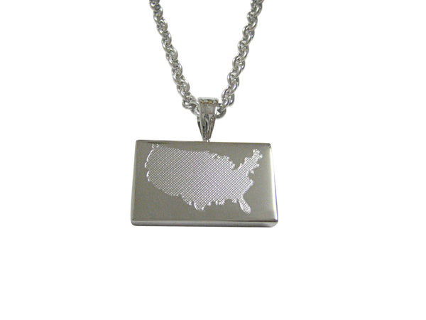 Silver Toned Etched USA America Map Shape Pendant Necklace