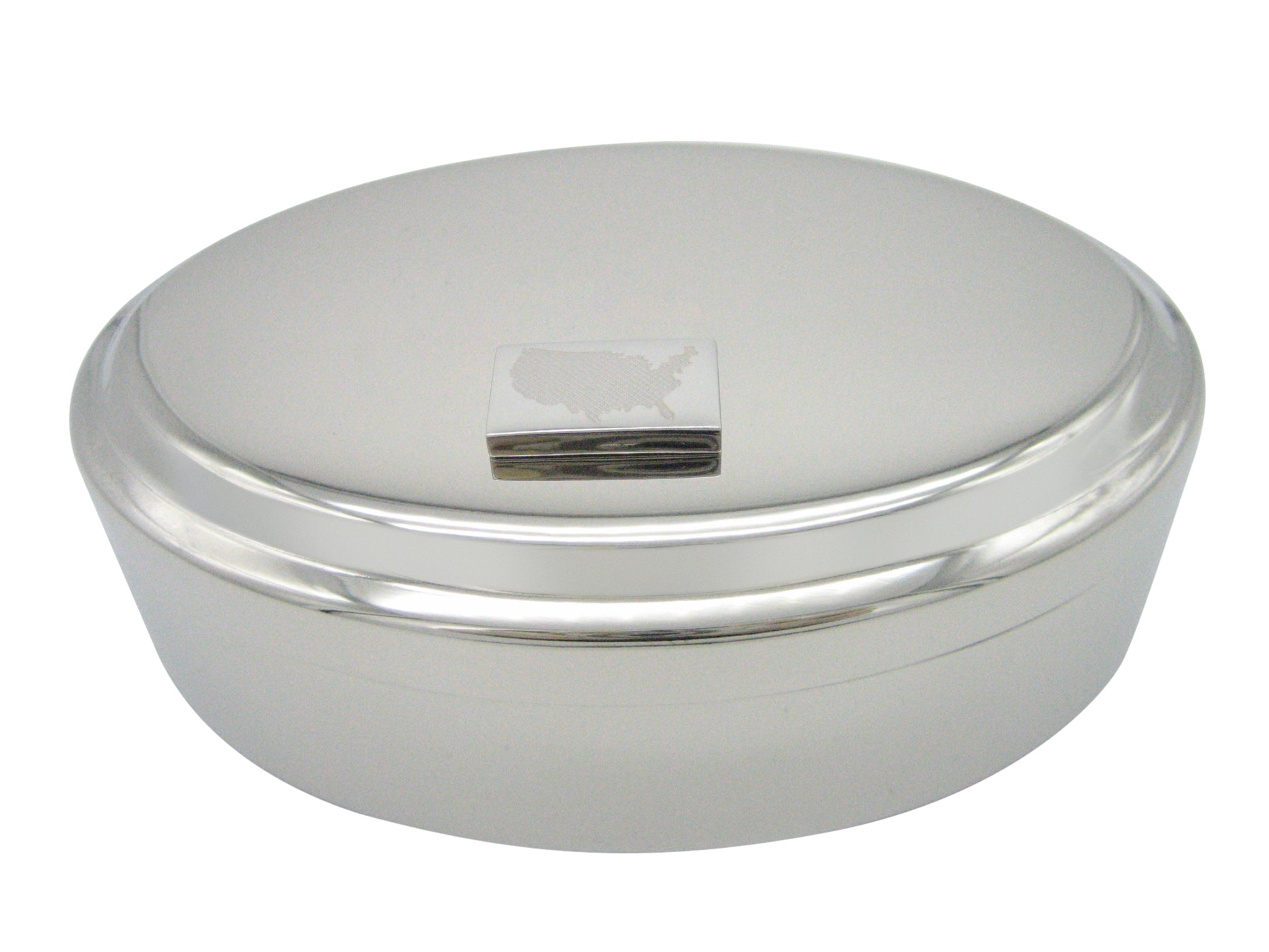 Silver Toned Etched USA America Pendant Oval Trinket Jewelry Box
