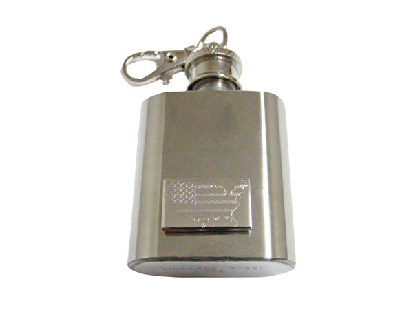 Silver Toned Etched USA American Flag and Map Shape 1 Oz. Stainless Steel Key Chain Flask