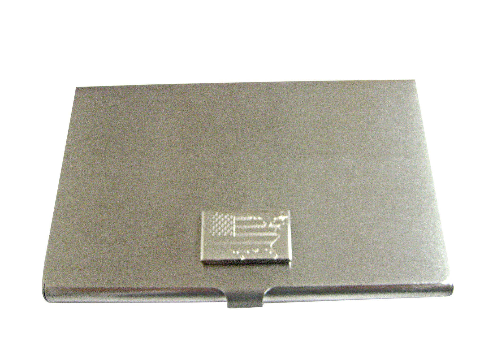 Silver Toned Etched USA American Flag and Map Shape Business Card Holder