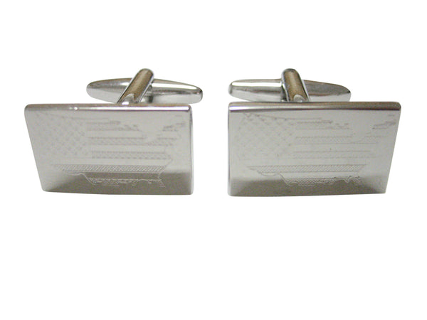 Silver Toned Etched USA American Flag and Map Shape Cufflinks