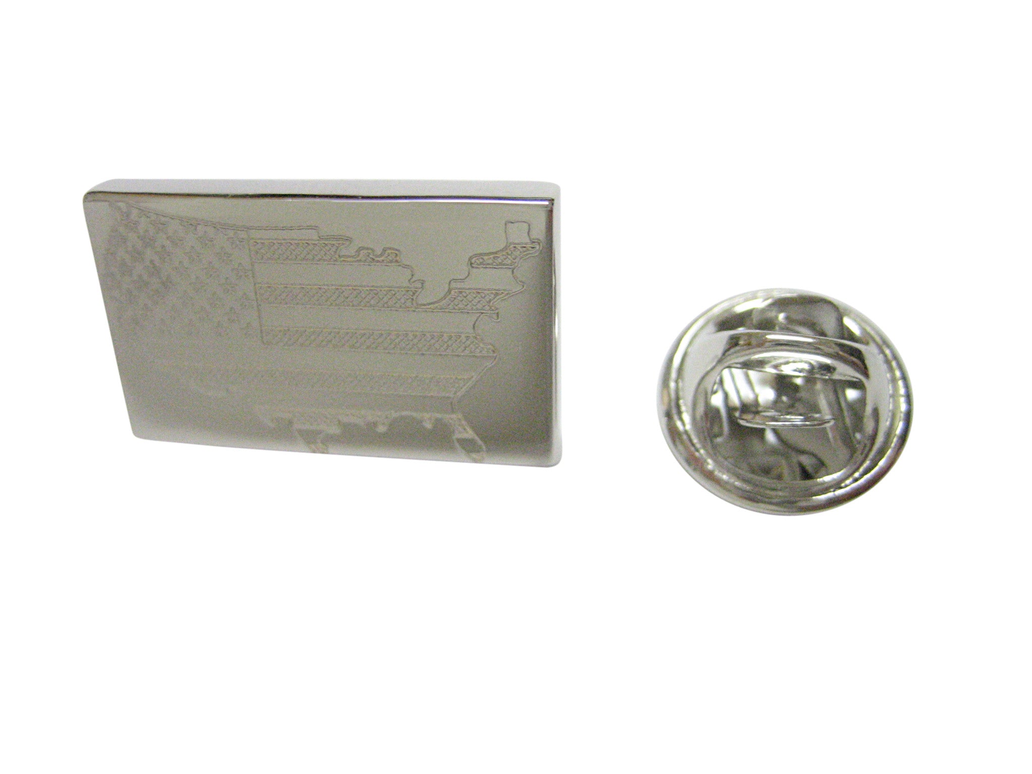Silver Toned Etched USA American Flag and Map Shape Lapel Pin
