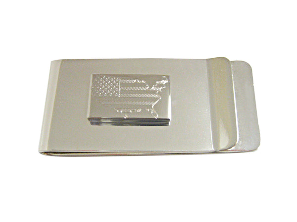 Silver Toned Etched USA American Flag and Map Shape Money Clip