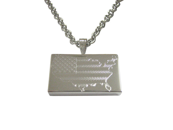 Silver Toned Etched USA American Flag and Map Shape Pendant Necklace