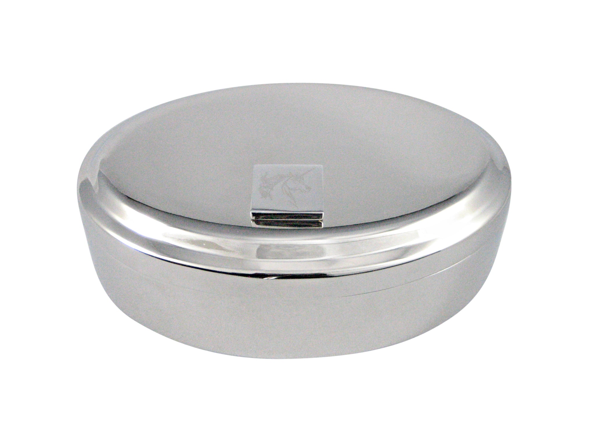 Silver Toned Etched Unicorn Head Pendant Oval Trinket Jewelry Box