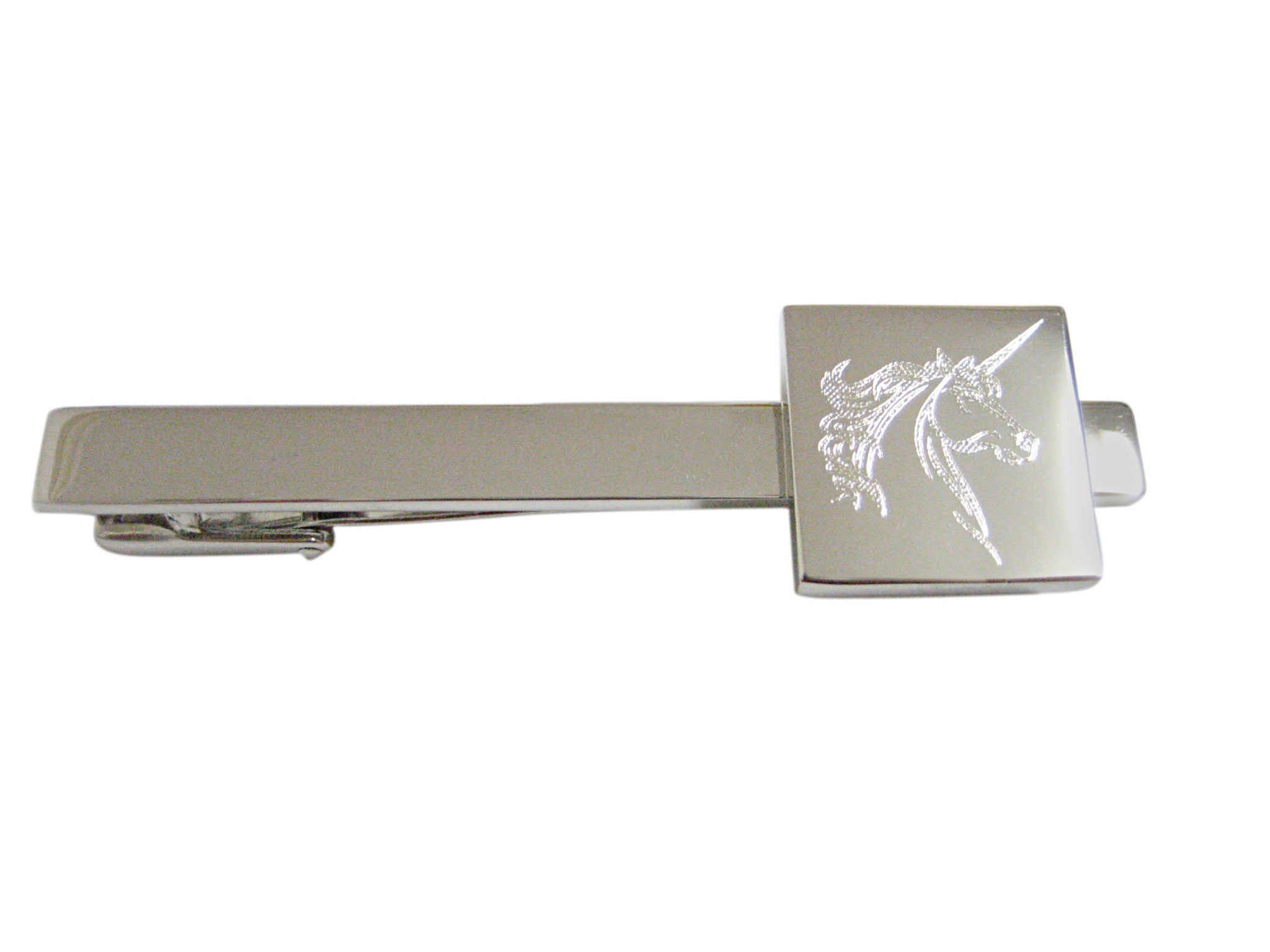 Silver Toned Etched Unicorn Head Square Tie Clip