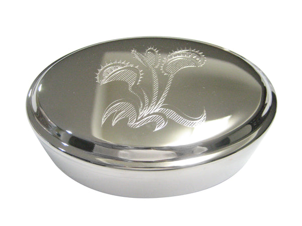 Silver Toned Etched Venus Fly Trap Carnivorous Plant Oval Trinket Jewelry Box