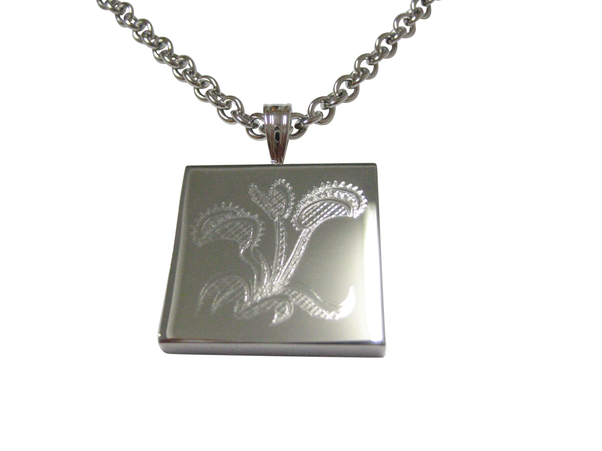 Silver Toned Etched Venus Fly Trap Carnivorous Plant Pendant Necklace
