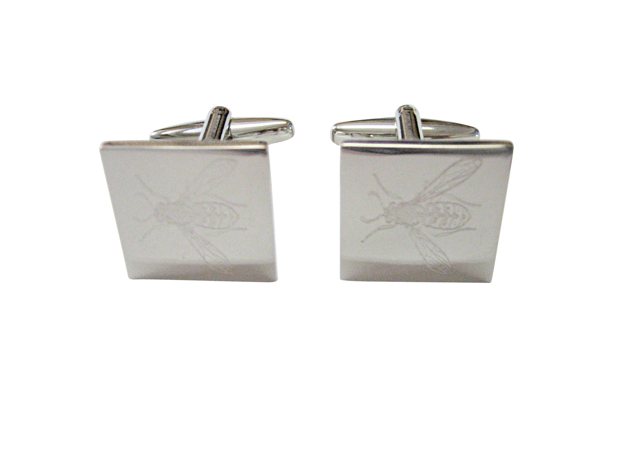 Silver Toned Etched Wasp Insect Cufflinks