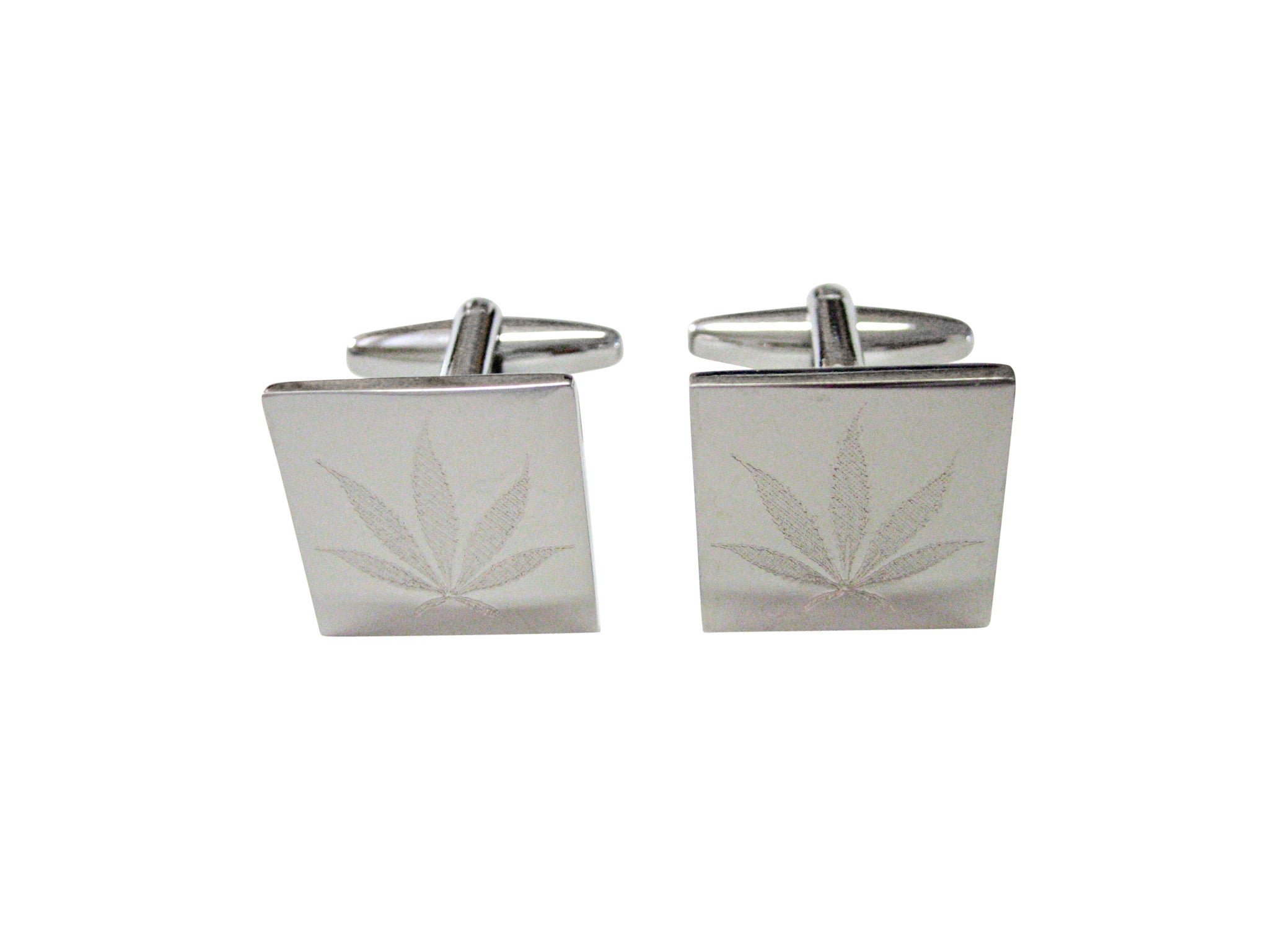 Silver Toned Etched Weed Cufflinks