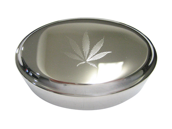 Silver Toned Etched Weed Marijuana Plant Oval Trinket Jewelry Box