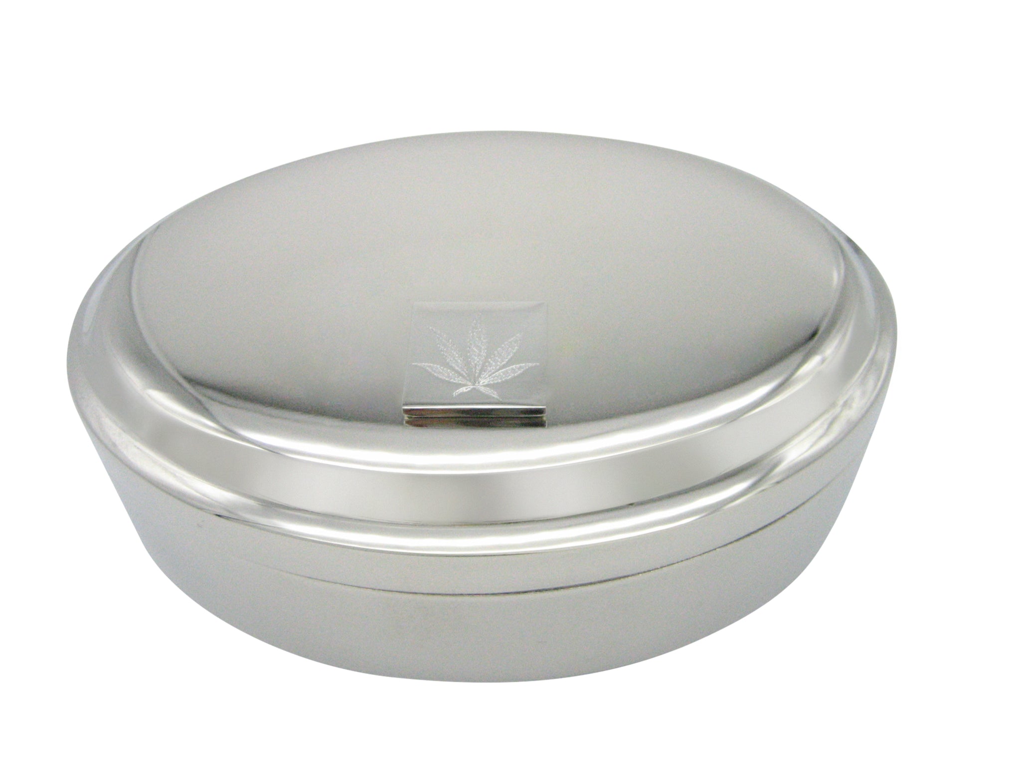 Silver Toned Etched Weed Pendant Oval Trinket Jewelry Box